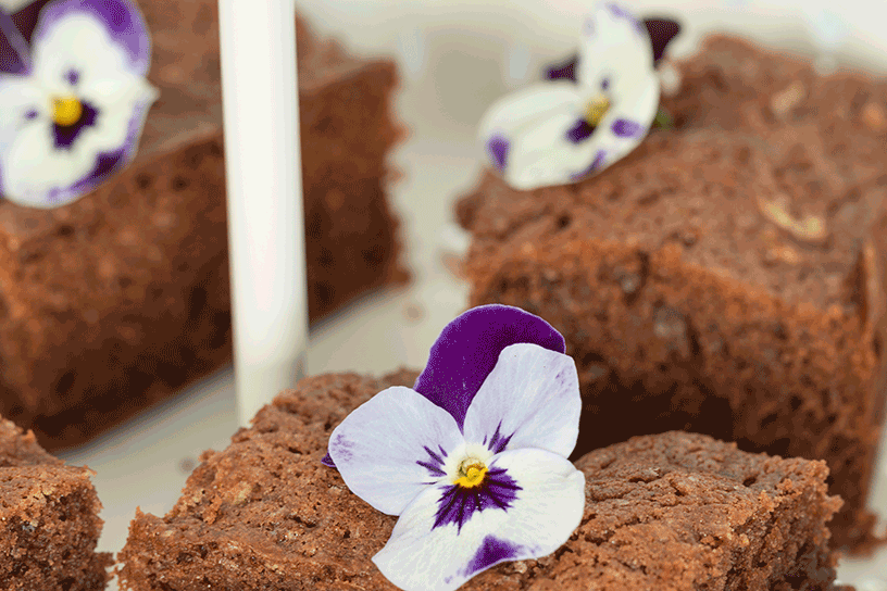 brownies gedecoreerd met paarse viooltjes